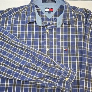 VTG Tommy Hilfiger Men L Plaid Shirt Blue Yellow 90s Preppy Streetwear Y2K Logo